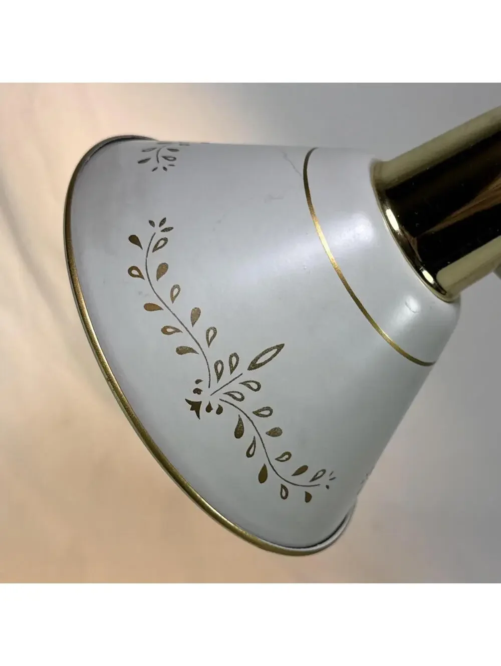 Mid Century 1950's Decorated White French Tole Gooseneck Lamp Ornate Deco Works